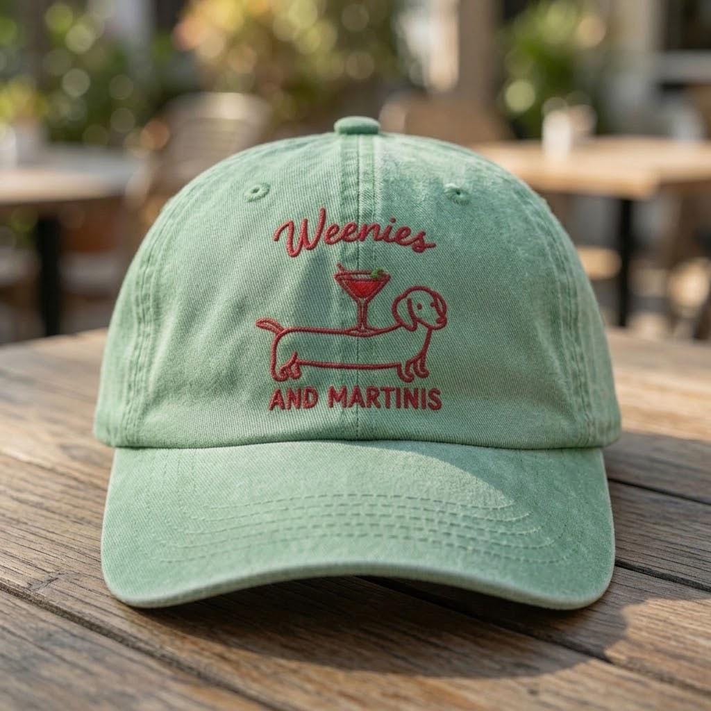 Custom Weenies and Martinis Hat, Dachshund Cocktail Cap, Cute Dog Dad Hat, Funny Weiner Dog Gift, Dog Lover Hat, Embroidered Pet Cap