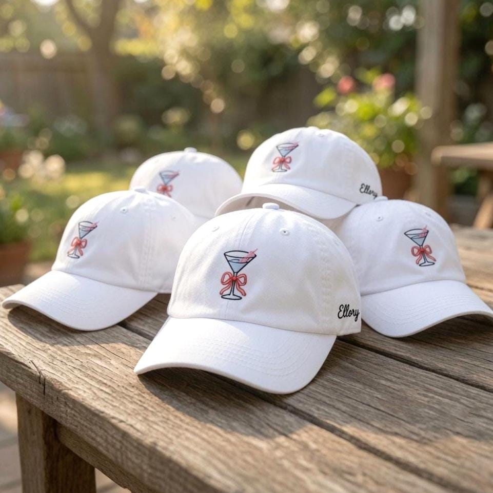 Custom Bow Martini Hat, Embroidered Cocktail Cap, Personalized Side Name Hat, Coquette Drink Cap, Summer Party Gift, Bachelorette Trip Hat