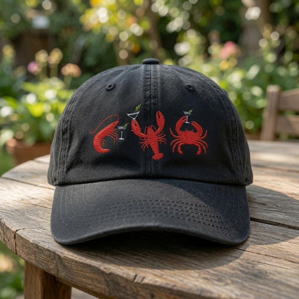 Seafood Cocktail Embroidered Hat, Lobster Crab Shrimp Baseball Cap, Coastal Beach Gift