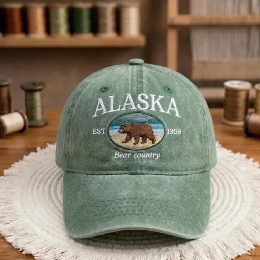 Alaska Bear Embroidered Hat, Vintage Washed Cotton Baseball Cap, Wildlife Outdoor Gift