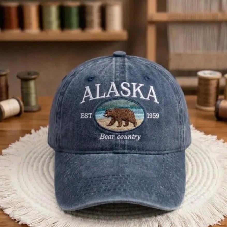 Alaska Bear Embroidered Hat, Vintage Washed Cotton Baseball Cap, Wildlife Outdoor Gift
