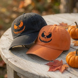 Skull Pumpkin Face Embroidered Hat - Spooky Skeleton Halloween Cap