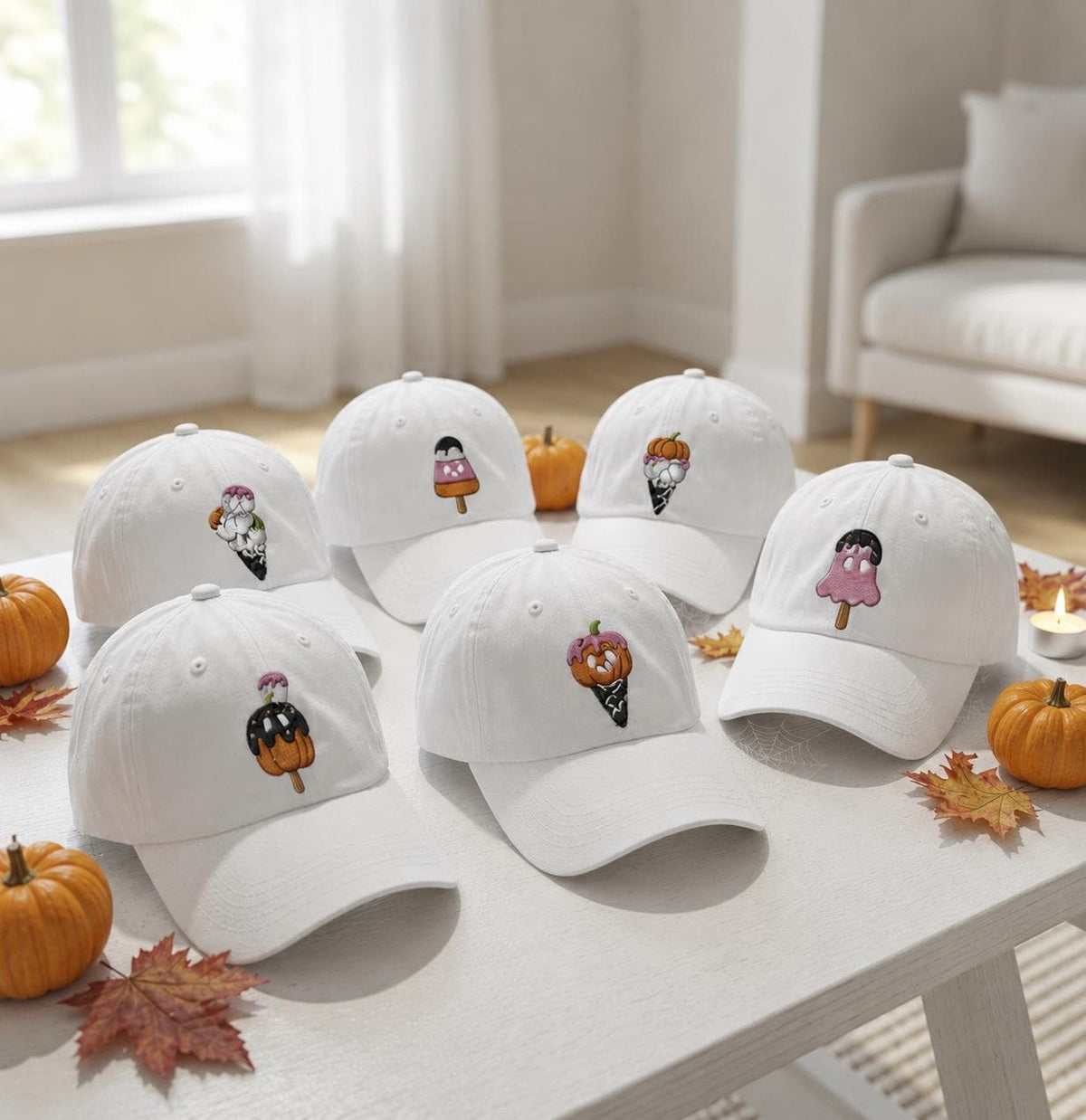 Ghost Ice Cream Embroidered Hat, Cute Halloween Baseball Cap, Spooky Fall Gift