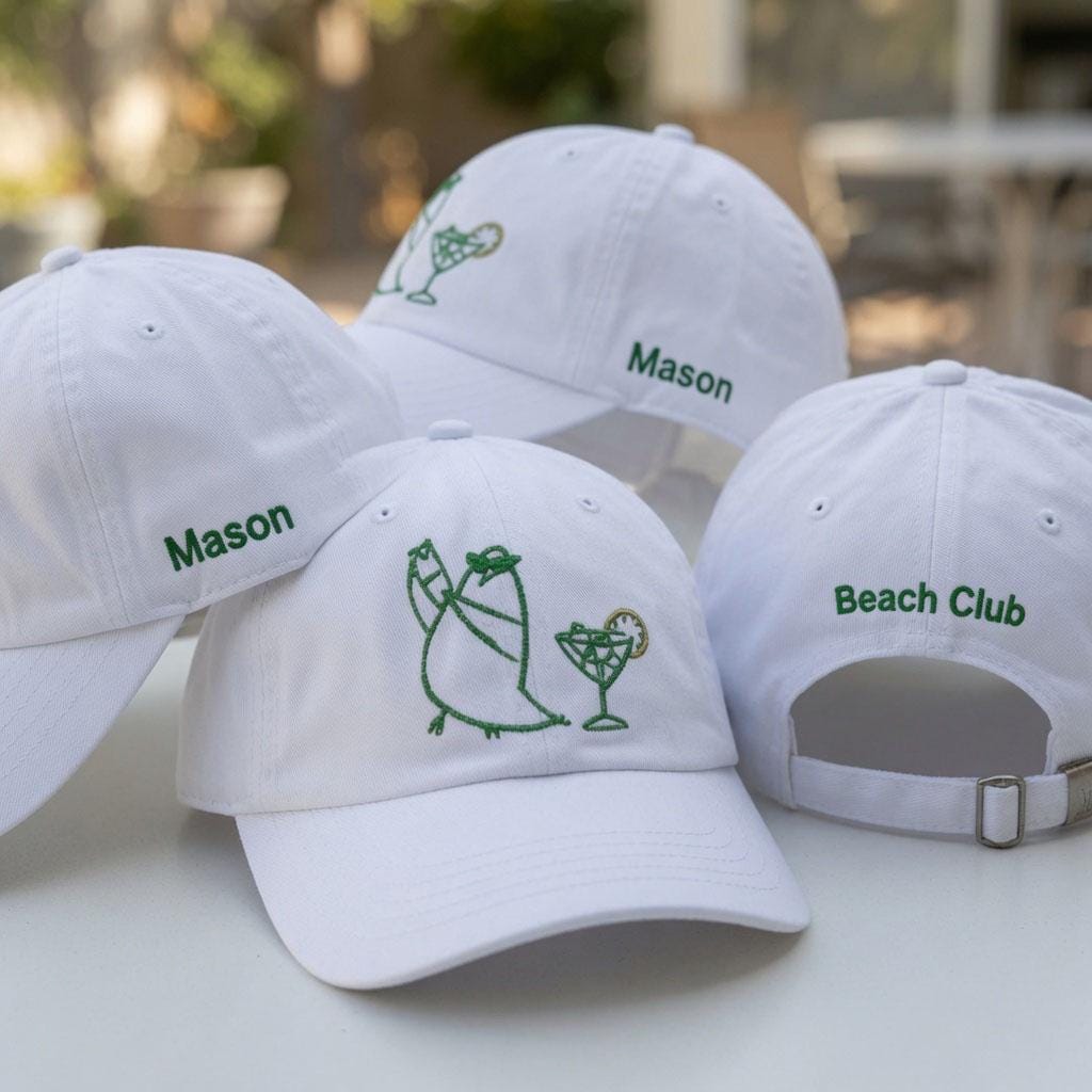 Custom Bird & Cocktail Hat, Embroidered Beach Club Cap, Personalized Side Name Hat, Funny Summer Vacation Gift, Bachelorette Trip Hat