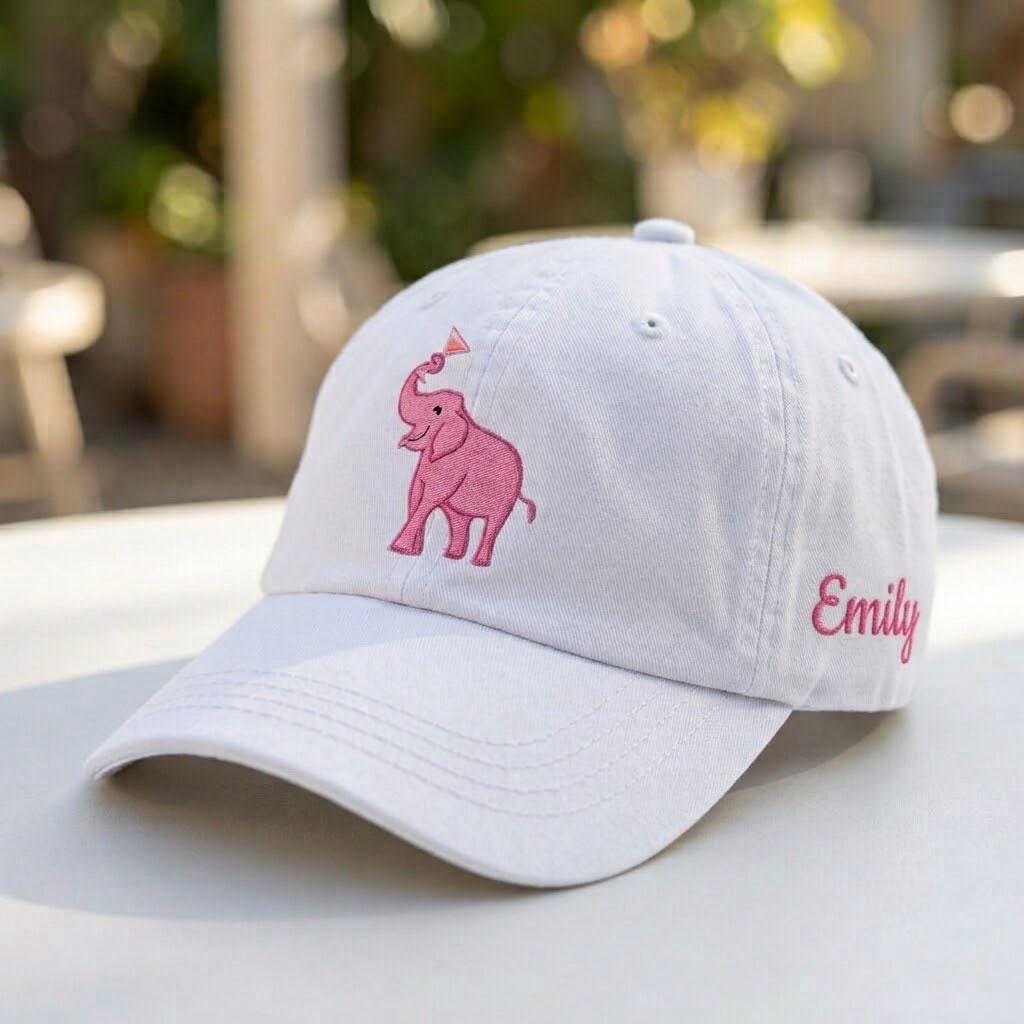 Custom Pink Elephant Hat, Embroidered Animal Cap, Personalized Side Name Hat, Cute Elephant Gift, Custom Baby Shower Hat, Animal Lover Cap