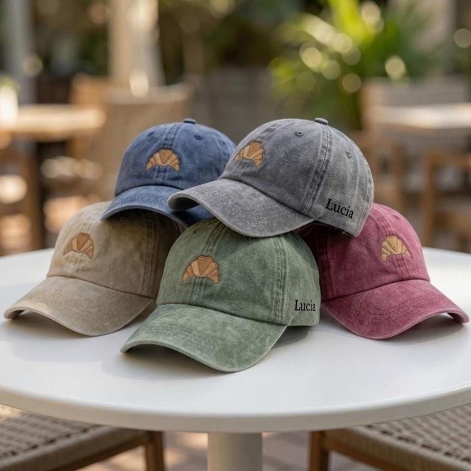 Custom Croissant Hat, Embroidered Pastry Cap, Personalized Side Name Hat, Cute French Bakery Gift, Foodie Dad Hat, Aesthetic Bakery Cap