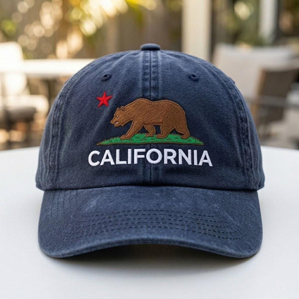 California Bear Embroidered Hat, Vintage Navy Washed Cotton Baseball Cap, California Travel Gift