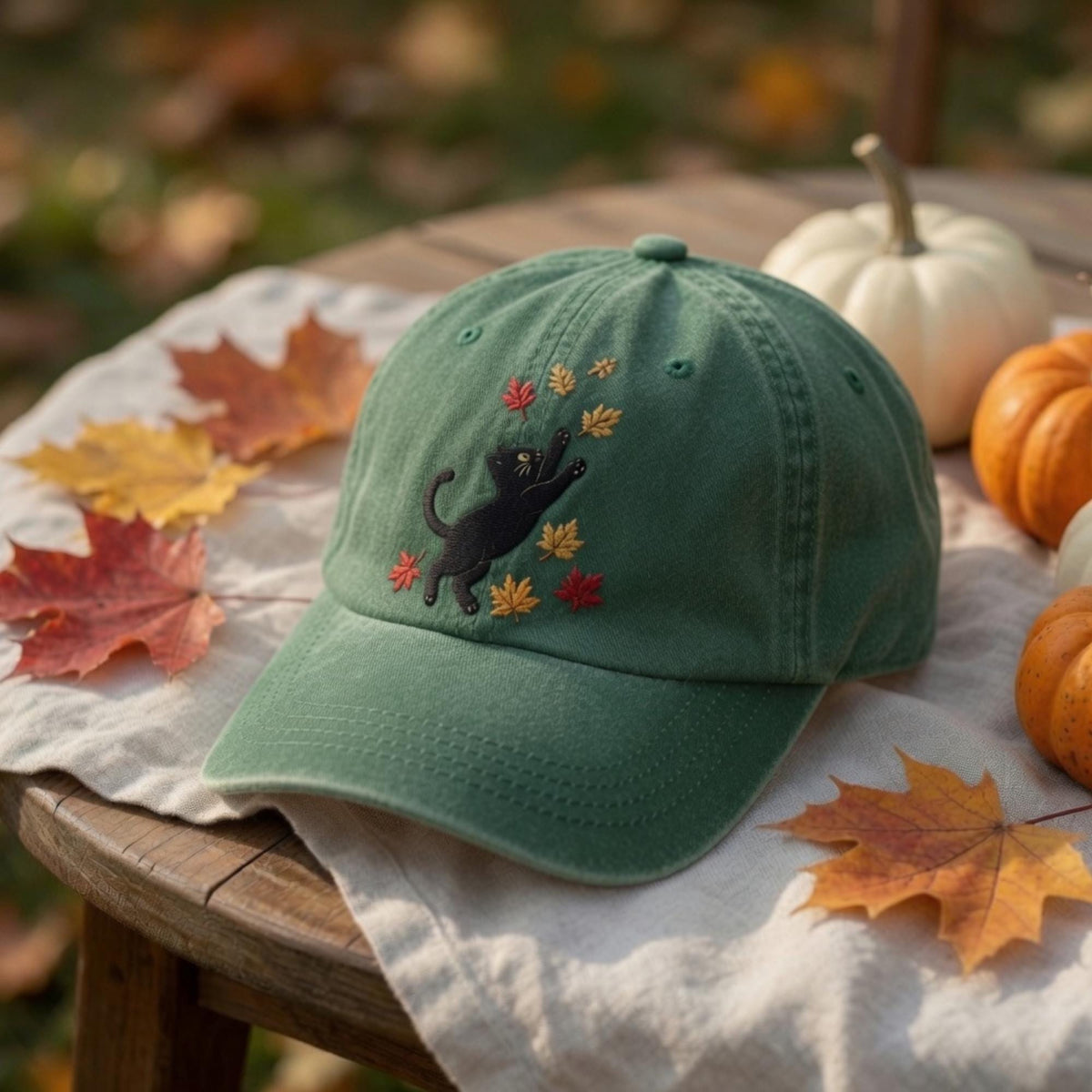 Black Cat Fall Leaves Embroidered Hat - Spooky Autumn Cat Lover Cap