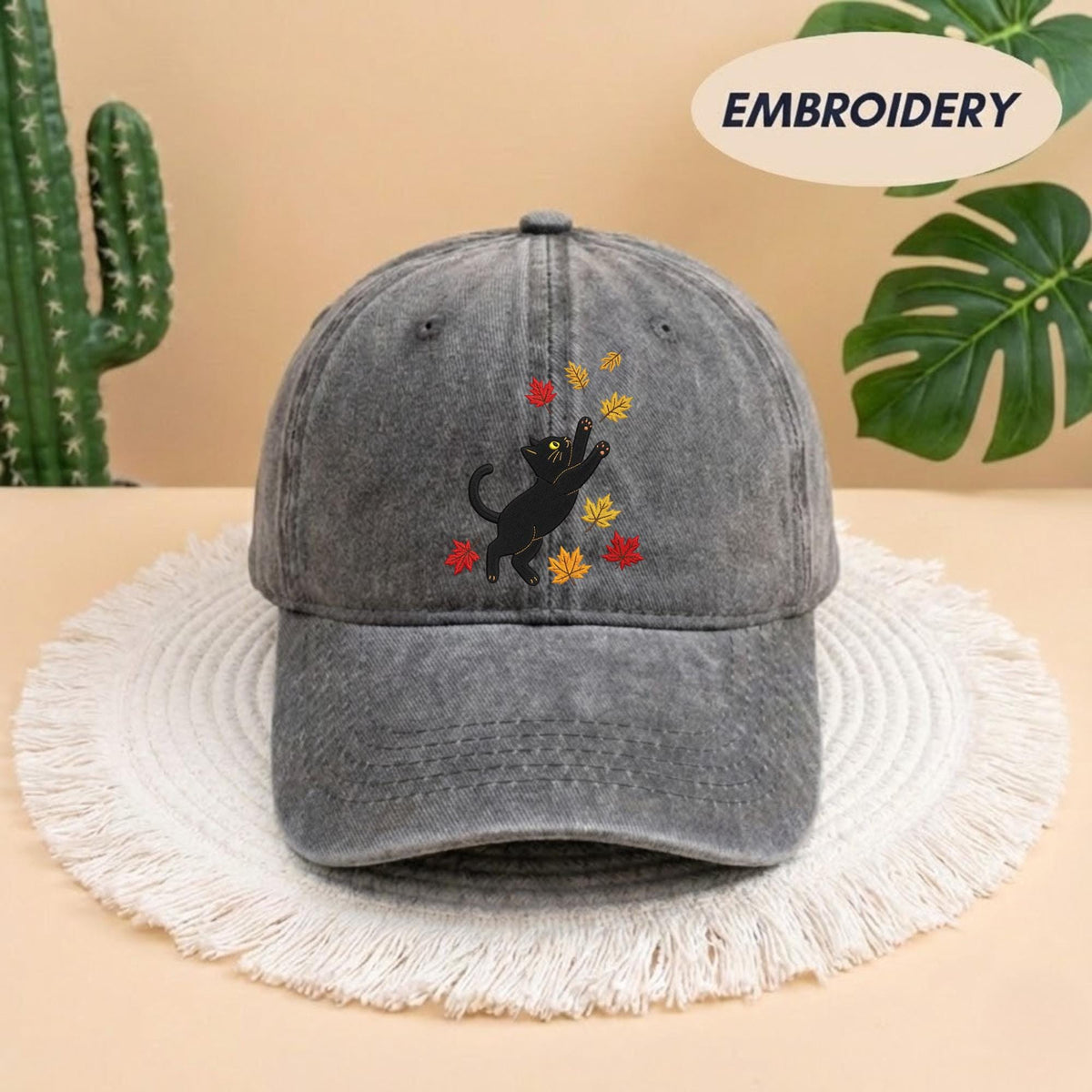 Black Cat Fall Leaves Embroidered Hat - Spooky Autumn Cat Lover Cap