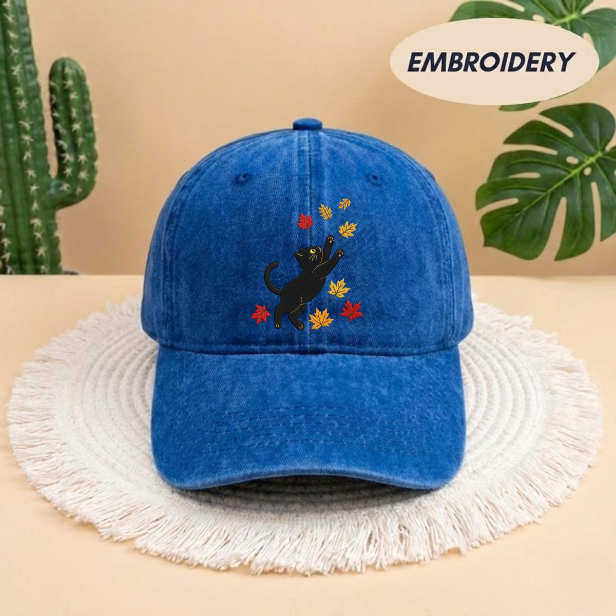 Black Cat Fall Leaves Embroidered Hat - Spooky Autumn Cat Lover Cap
