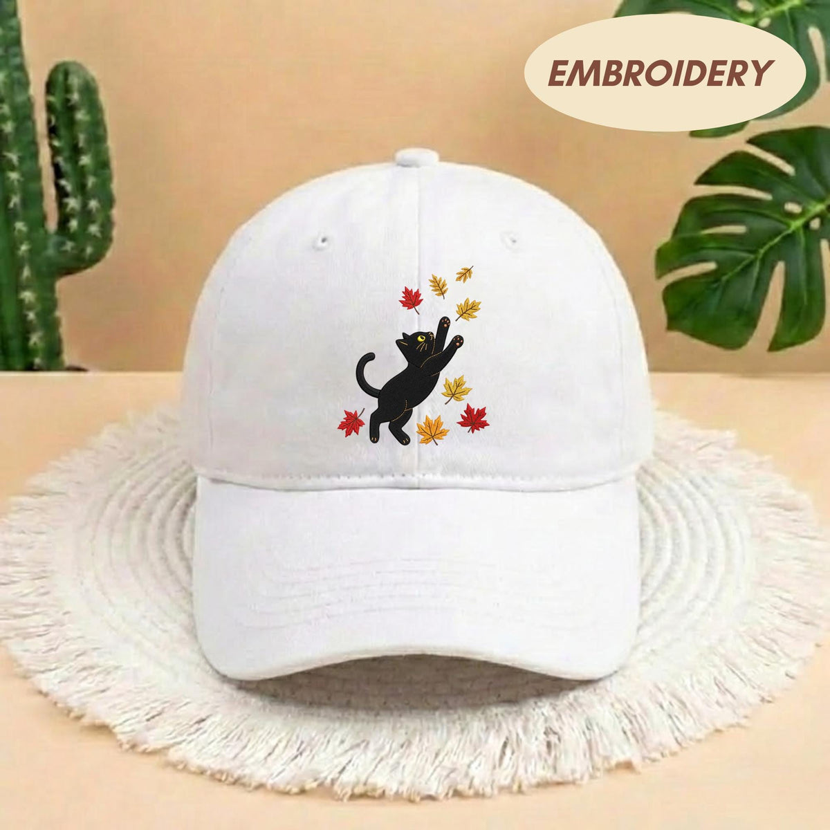 Black Cat Fall Leaves Embroidered Hat - Spooky Autumn Cat Lover Cap