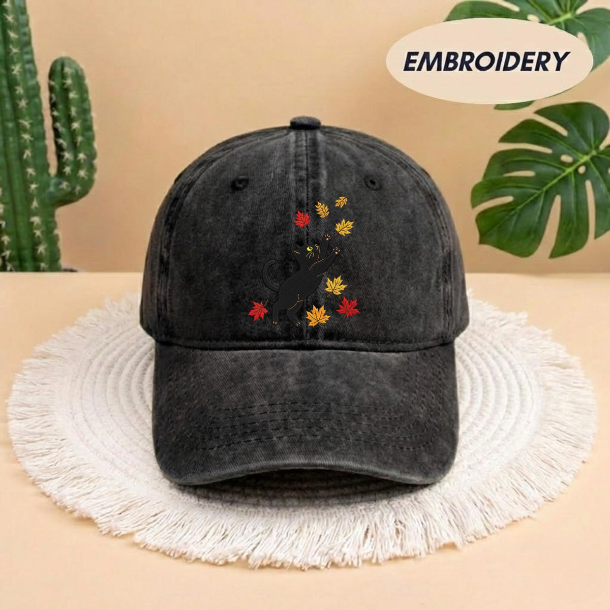 Black Cat Fall Leaves Embroidered Hat - Spooky Autumn Cat Lover Cap