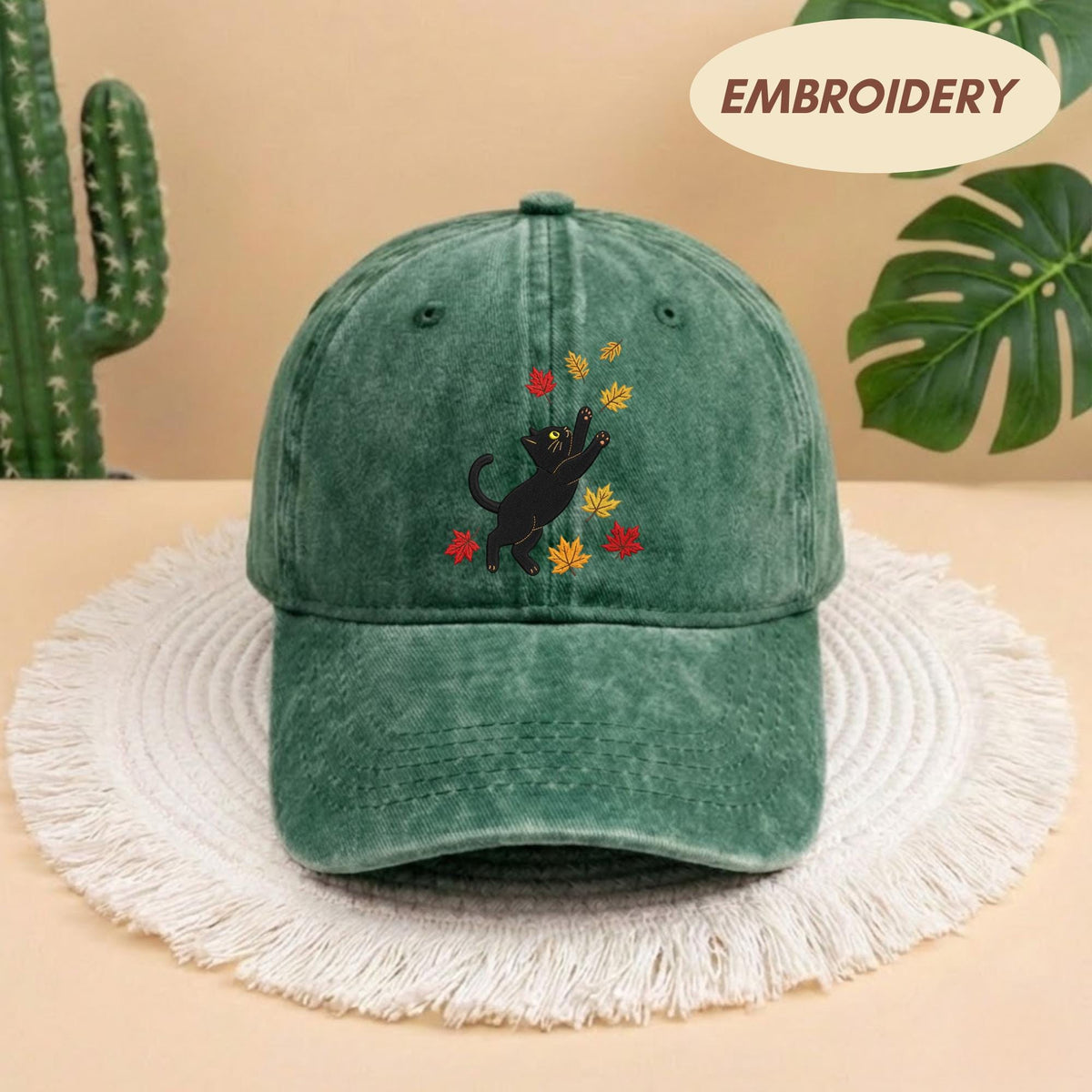 Black Cat Fall Leaves Embroidered Hat - Spooky Autumn Cat Lover Cap
