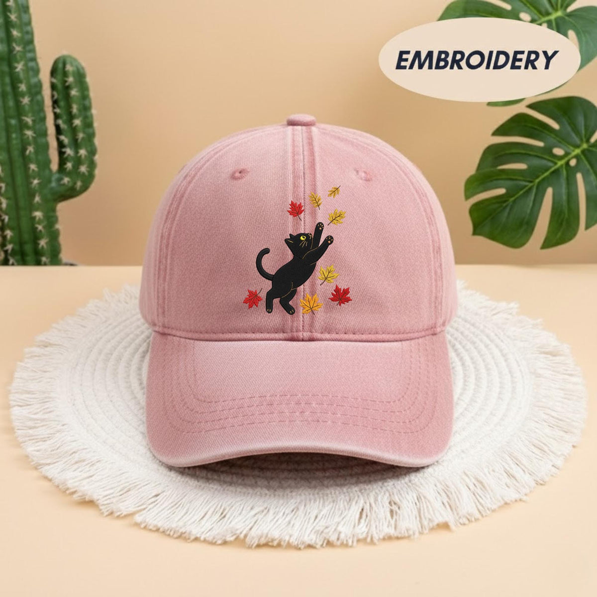 Black Cat Fall Leaves Embroidered Hat - Spooky Autumn Cat Lover Cap