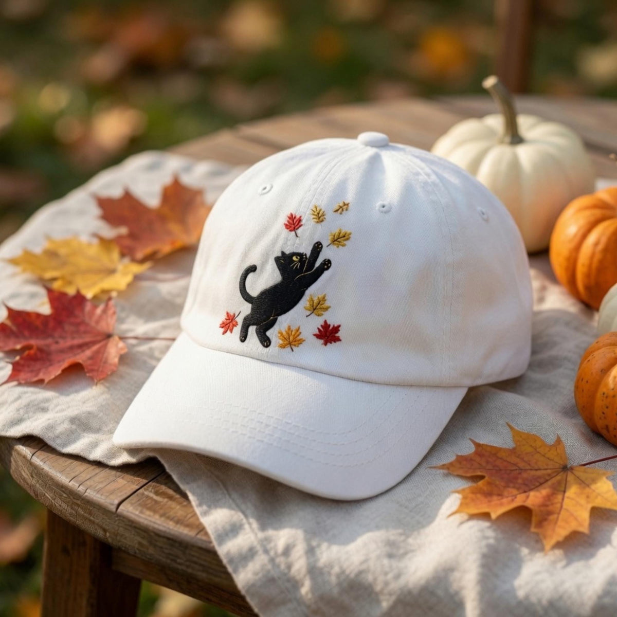 Black Cat Fall Leaves Embroidered Hat - Spooky Autumn Cat Lover Cap