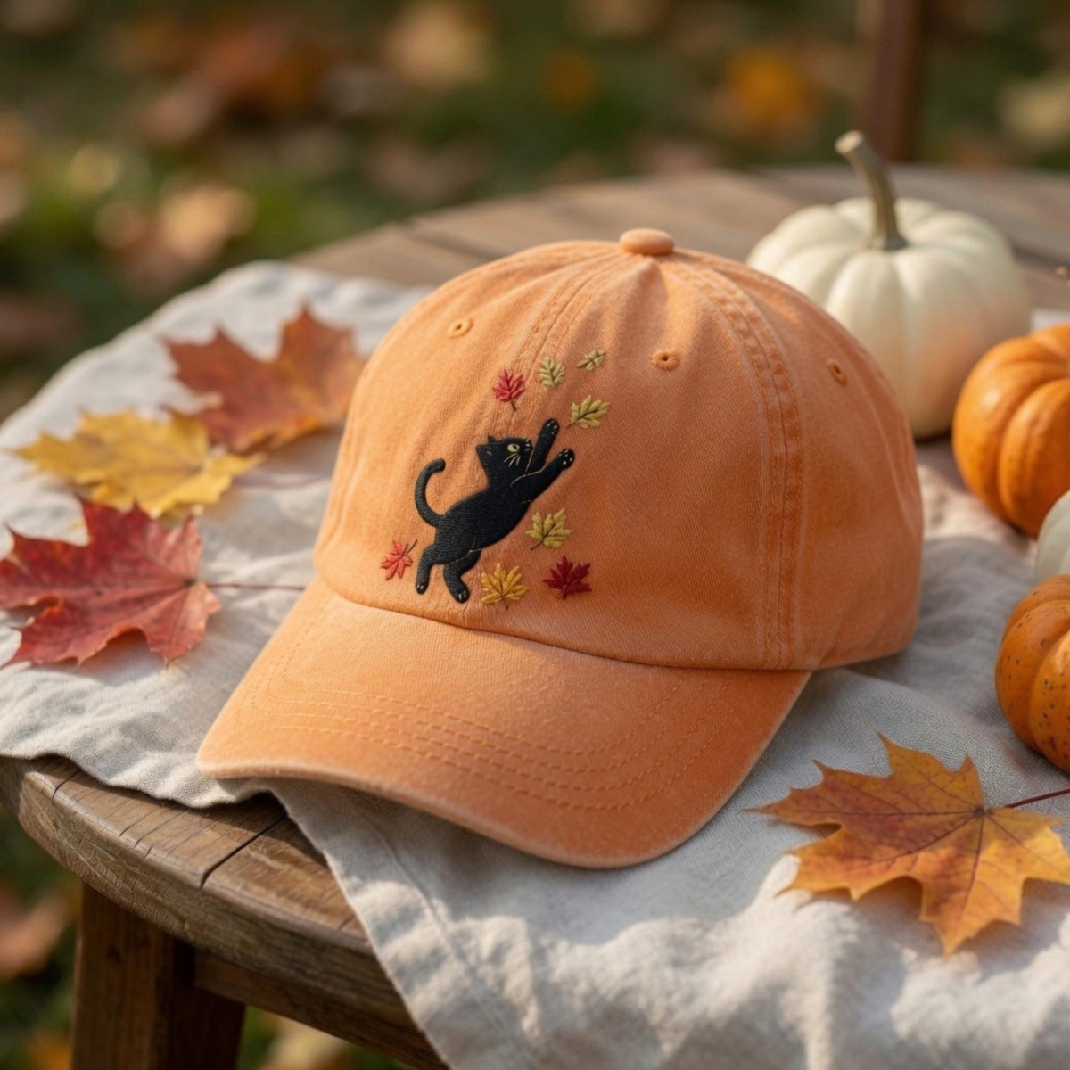 Black Cat Fall Leaves Embroidered Hat - Spooky Autumn Cat Lover Cap