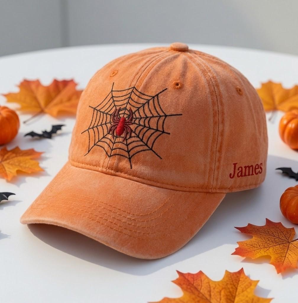 Custom Name Spider Web Embroidered Hat, Personalized Halloween Baseball Cap, White Washed Dad Hat, Spooky Season Gift, Gothic Aesthetic Cap