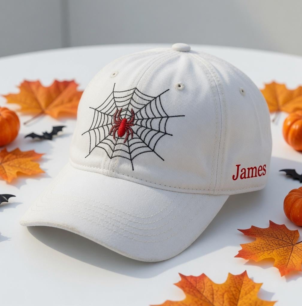 Custom Name Spider Web Embroidered Hat, Personalized Halloween Baseball Cap, White Washed Dad Hat, Spooky Season Gift, Gothic Aesthetic Cap