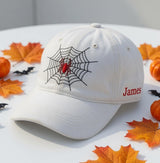 Custom Name Spider Web Embroidered Hat, Personalized Halloween Baseball Cap, White Washed Dad Hat, Spooky Season Gift, Gothic Aesthetic Cap