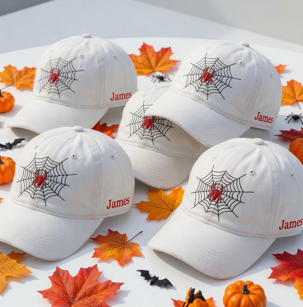Custom Name Spider Web Embroidered Hat, Personalized Halloween Baseball Cap, White Washed Dad Hat, Spooky Season Gift, Gothic Aesthetic Cap