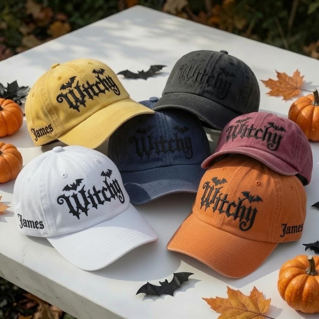 Custom Name Witchy Embroidered Hat, Witchy Halloween Baseball Cap, Gothic Bat Washed Dad Hat, Spooky Season Gift, Witch Aesthetic Cap