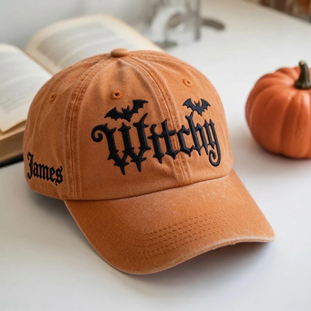 Custom Name Witchy Embroidered Hat, Witchy Halloween Baseball Cap, Gothic Bat Washed Dad Hat, Spooky Season Gift, Witch Aesthetic Cap