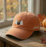 Embroidered Ghost Campfire Hat, Embroidered Halloween Cap, Cute Ghost Marshmallow Hat, Spooky Season Fall Cap, Cozy Autumn Gift For Women
