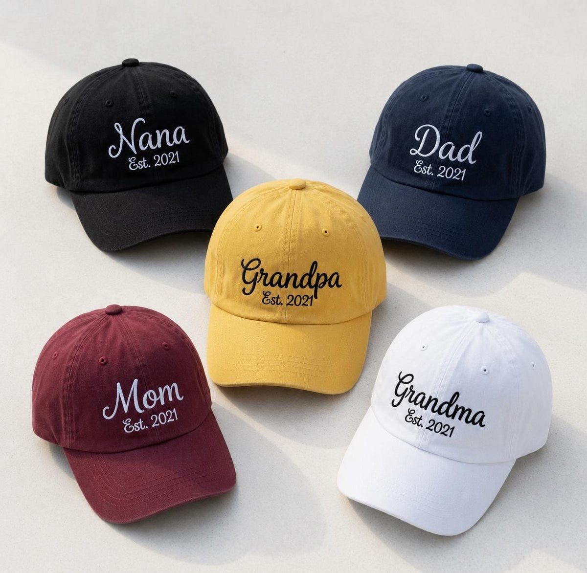 Custom Family Name & Established Year Embroidered Hat - Cursive Mom & Dad Cap