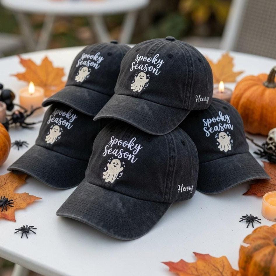 Custom Spooky Season Hat, Embroidered Ghost Cap, Personalized Side Name Hat, Cute Halloween Gift, Fall Aesthetic Dad Hat, Spooky Club Cap