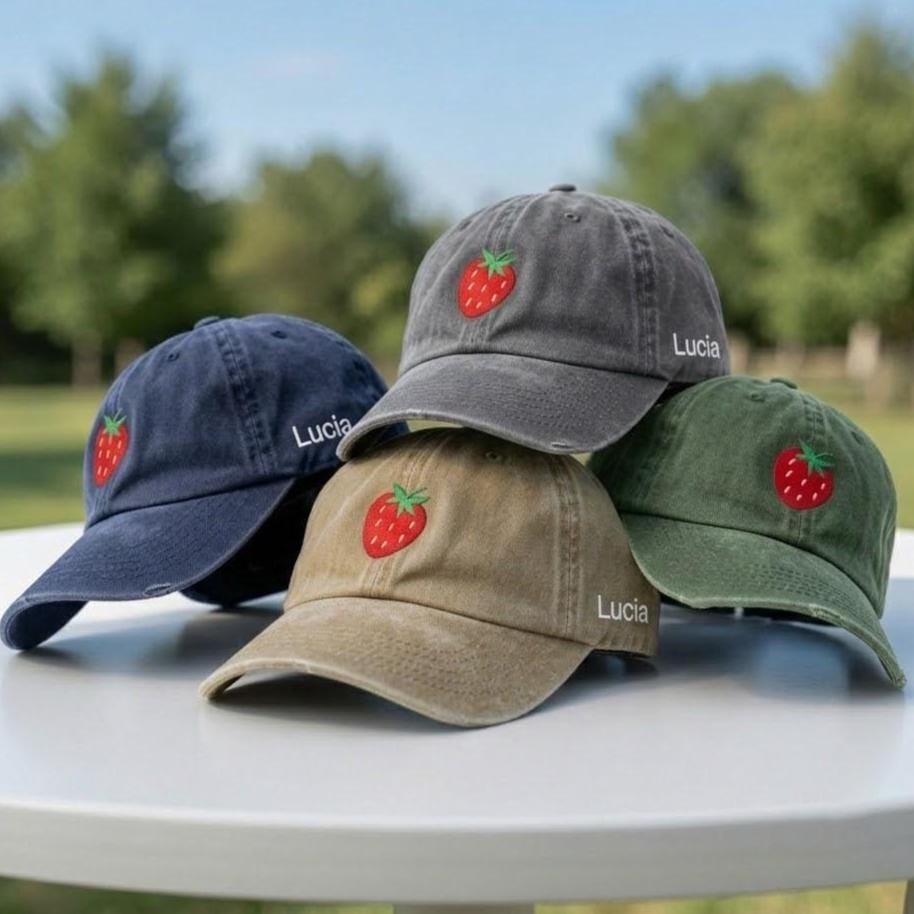 Custom Strawberry Hat, Embroidered Fruit Cap, Personalized Side Name Hat, Cute Strawberry Gift, Aesthetic Fruit Dad Hat, Berry Lover Cap