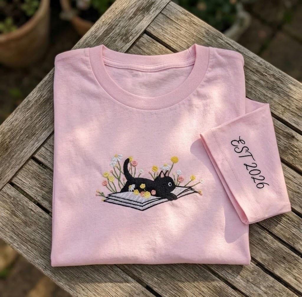 Custom Black Cat Embroidered Shirt, Floral Book Lover Personalized EST 2026 Tee