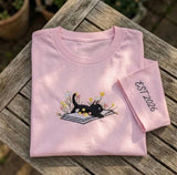 Custom Black Cat Embroidered Shirt, Floral Book Lover Personalized EST 2026 Tee