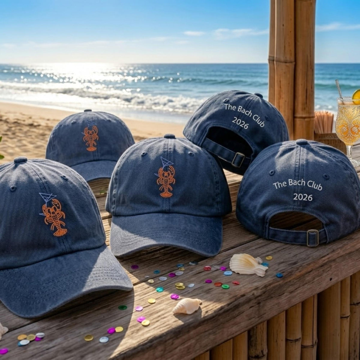 Embroidered Lobster Martini Bach Club Hat, Bachelorette Bridal Baseball Cap