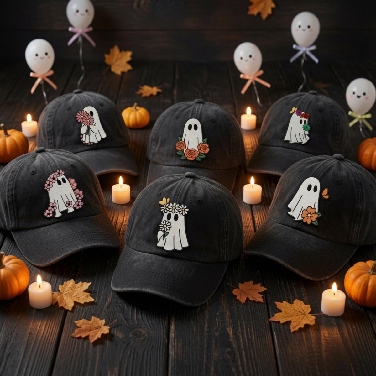Floral Ghost Embroidered Halloween Hat, Cute Spooky Cotton Baseball Cap, Autumn Gift