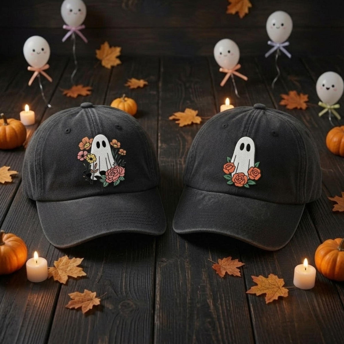 Floral Ghost Embroidered Halloween Hat, Cute Spooky Cotton Baseball Cap, Autumn Gift