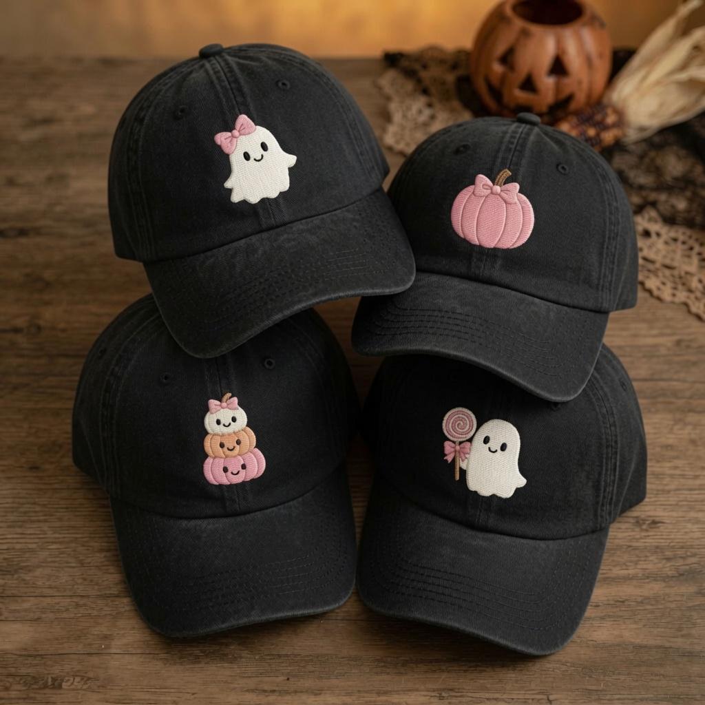 Pastel Halloween Embroidered Hat, Ghost Bow Pumpkin Bat Baseball Cap, Cute Spooky Gift