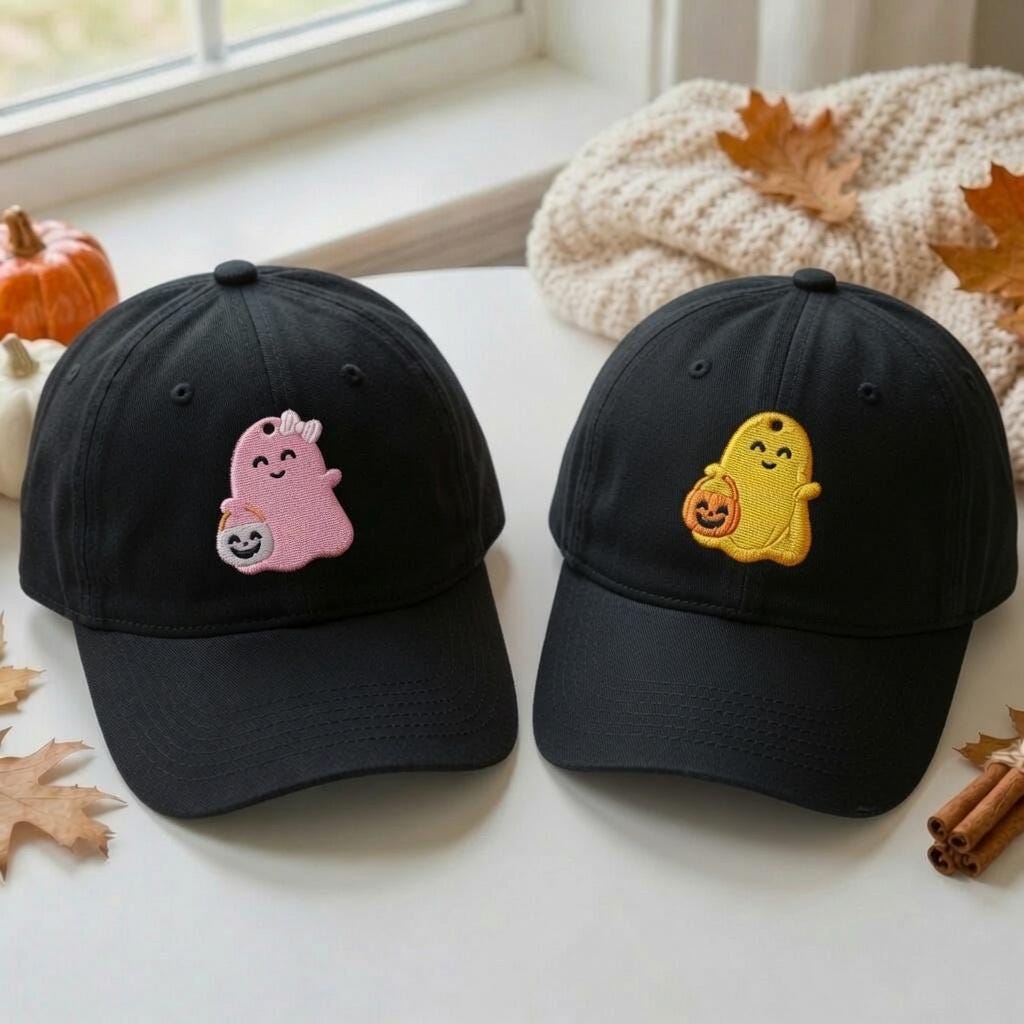 Cute Ghost Pumpkin Embroidered Hat, Halloween Baseball Cap, Spooky Fall Gift