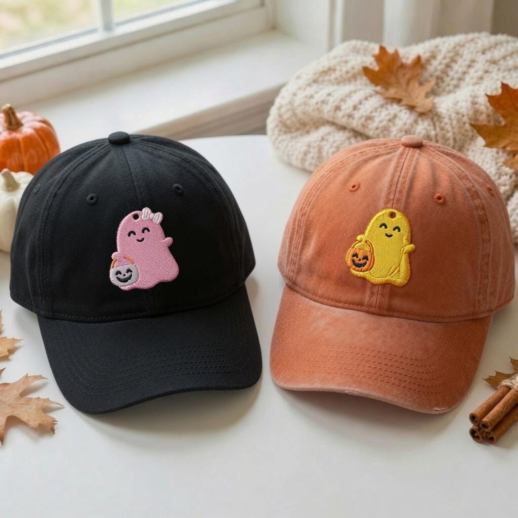 Cute Ghost Pumpkin Embroidered Hat, Halloween Baseball Cap, Spooky Fall Gift