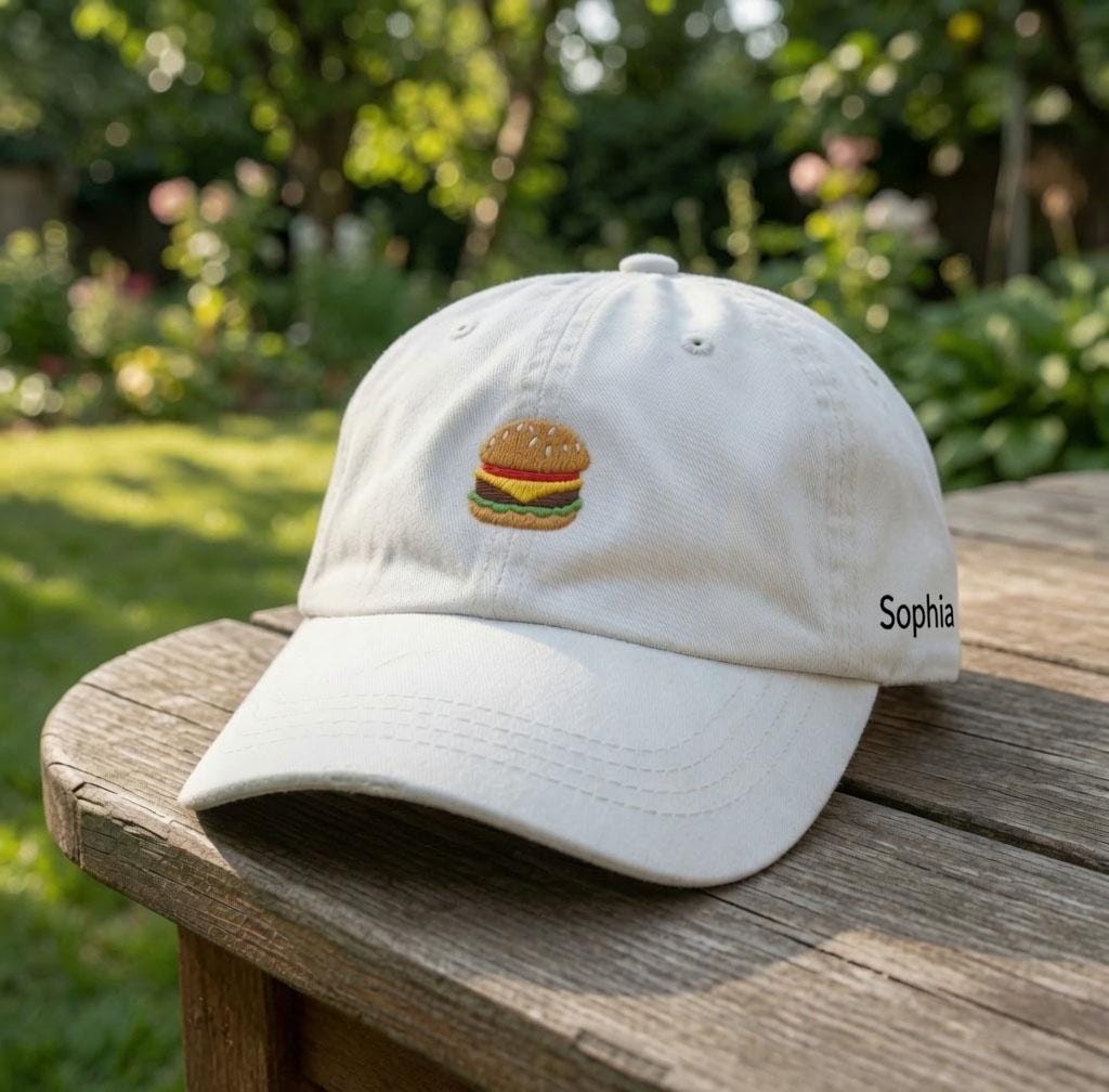 Custom Name Hamburger Embroidered Baseball Cap, Personalized Burger Dad Hat, Cute Foodie Gift, Custom Name White Embroidered Hat