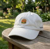 Custom Name Hamburger Embroidered Baseball Cap, Personalized Burger Dad Hat, Cute Foodie Gift, Custom Name White Embroidered Hat