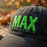 Custom Name Drip Halloween Hat, Personalized Drip Font Cap, Spooky Family Hat, Matching Halloween Cap, Embroidered Name Hat, Funny Fall