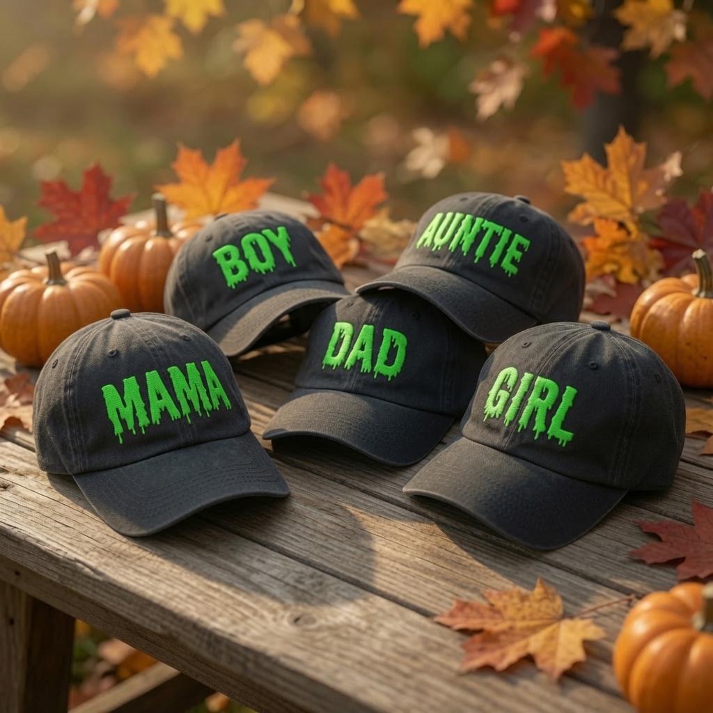 Custom Halloween Family Hat, Personalized Melting Font Cap, Custom Name Spooky Hat, Matching Halloween Group Cap, Embroidered Fall Hat