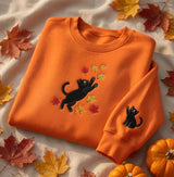 Black Cat Leaves Embroidered Sweatshirt, Autumn Fall Sleeve Embroidery Crewneck