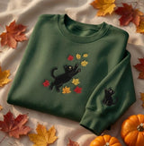 Black Cat Leaves Embroidered Sweatshirt, Autumn Fall Sleeve Embroidery Crewneck
