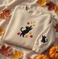 Black Cat Leaves Embroidered Sweatshirt, Autumn Fall Sleeve Embroidery Crewneck