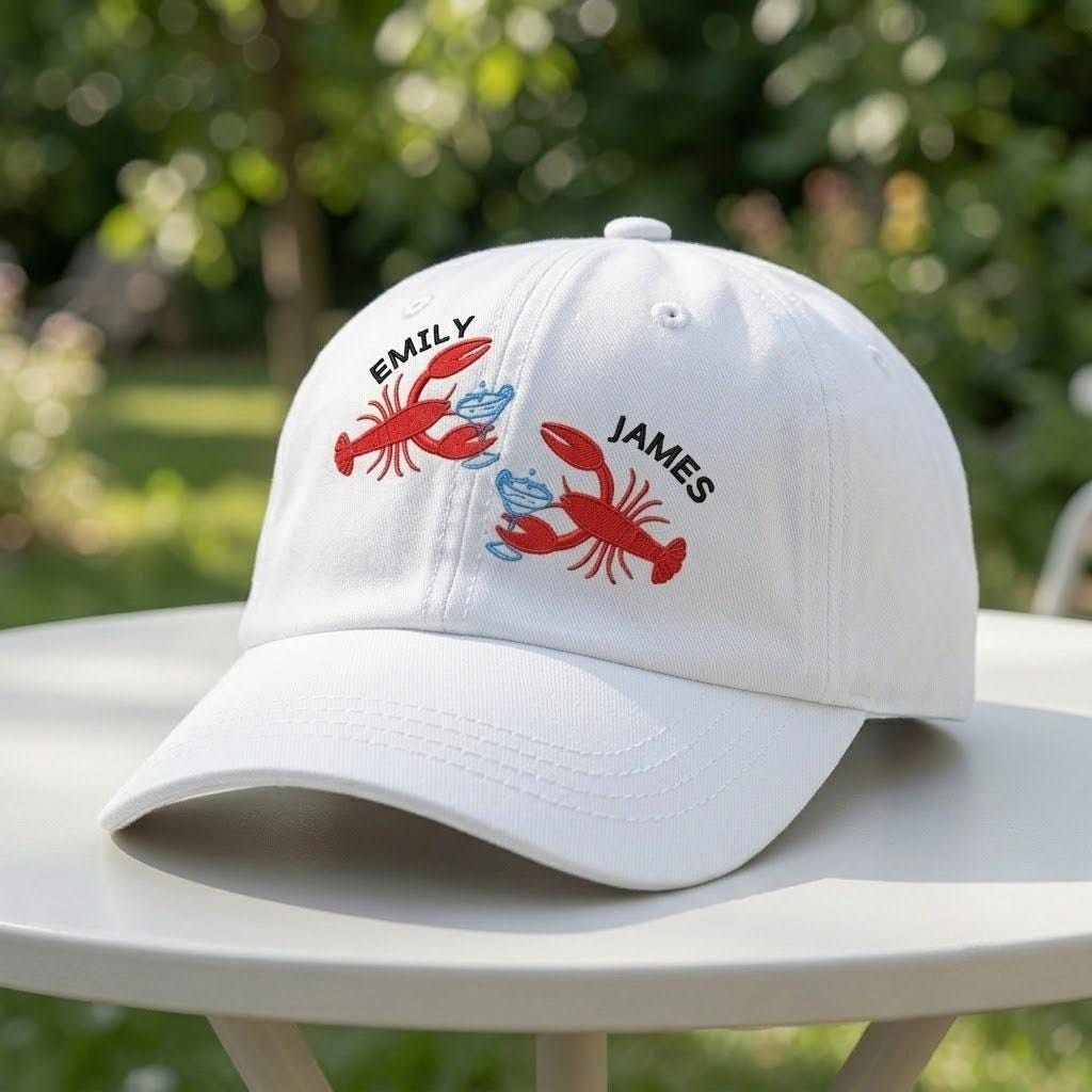Custom Names Lobster Couples Embroidered Hat, Personalized Anniversary Date Baseball Cap, Custom Engagement Gift, Matching Couple Dad Hat