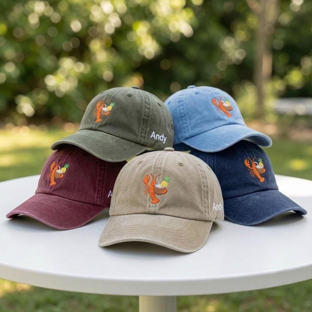 Custom Name Lobster Drink Embroidered Hat, Personalized Vintage Washed Dad Cap, Summer Beach Vacation Hat, Custom Embroidered Baseball Hat