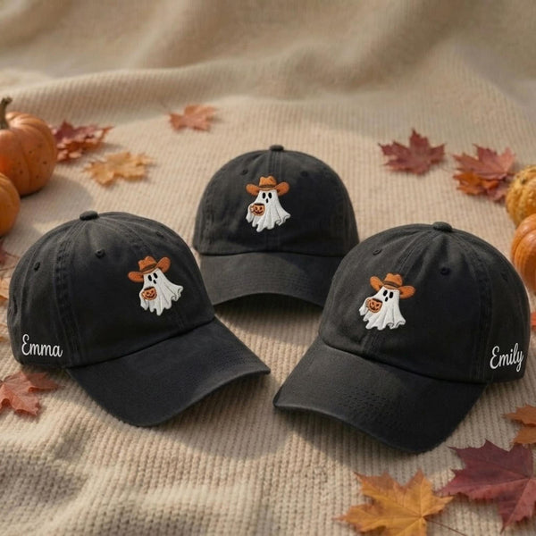 Embroidered Cowboy Ghost Hat, Spooky Season Cotton Cap, Western Halloween Style