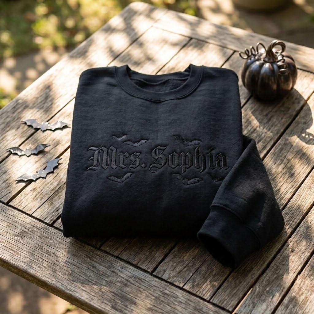 Custom Gothic Name Sweatshirt, Personalized Bat Embroidery Halloween Spooky Crewneck