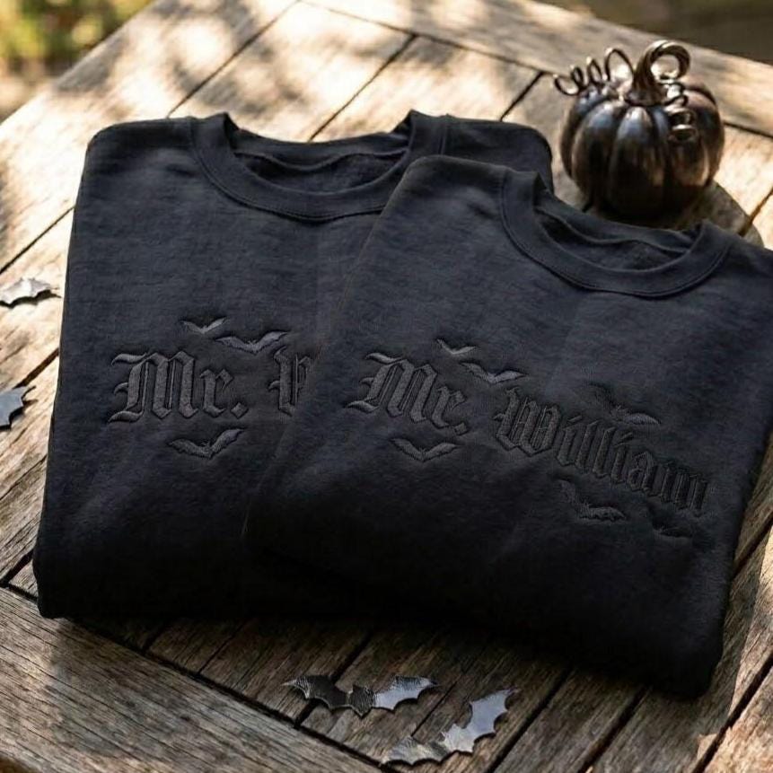 Custom Gothic Name Sweatshirt, Personalized Bat Embroidery Halloween Spooky Crewneck